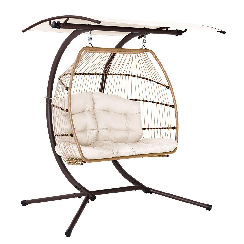 Gardeon Outdoor Egg Swing Chair Wicker Furniture Pod Stand Canopy 2 Seater Latte - Ozstylz