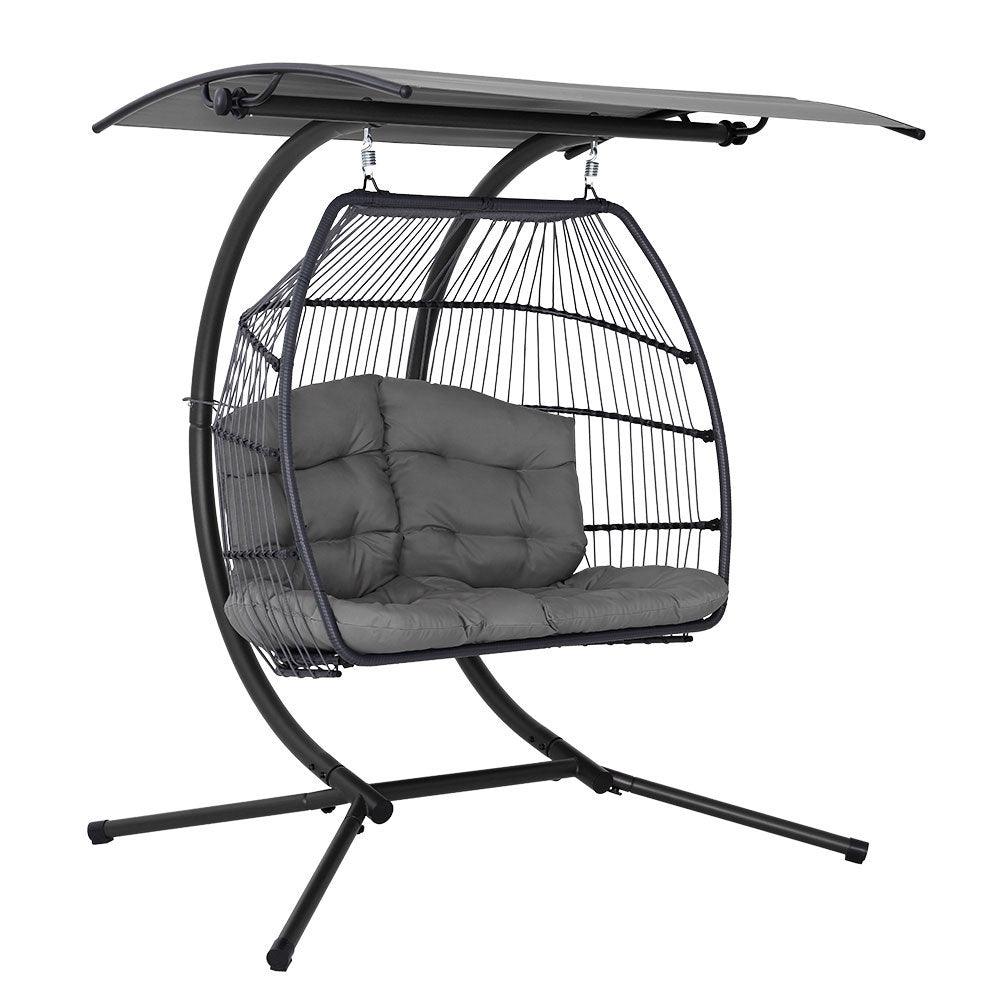 Gardeon Outdoor Egg Swing Chair Wicker Furniture Pod Stand Canopy 2 Seater Grey - Ozstylz