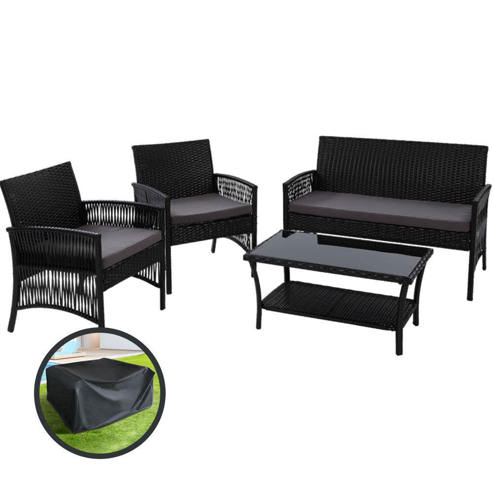 Gardeon 4PCS OutdoorSofa Set with Storage Cover Wicker Harp Chair Table Black - Ozstylz