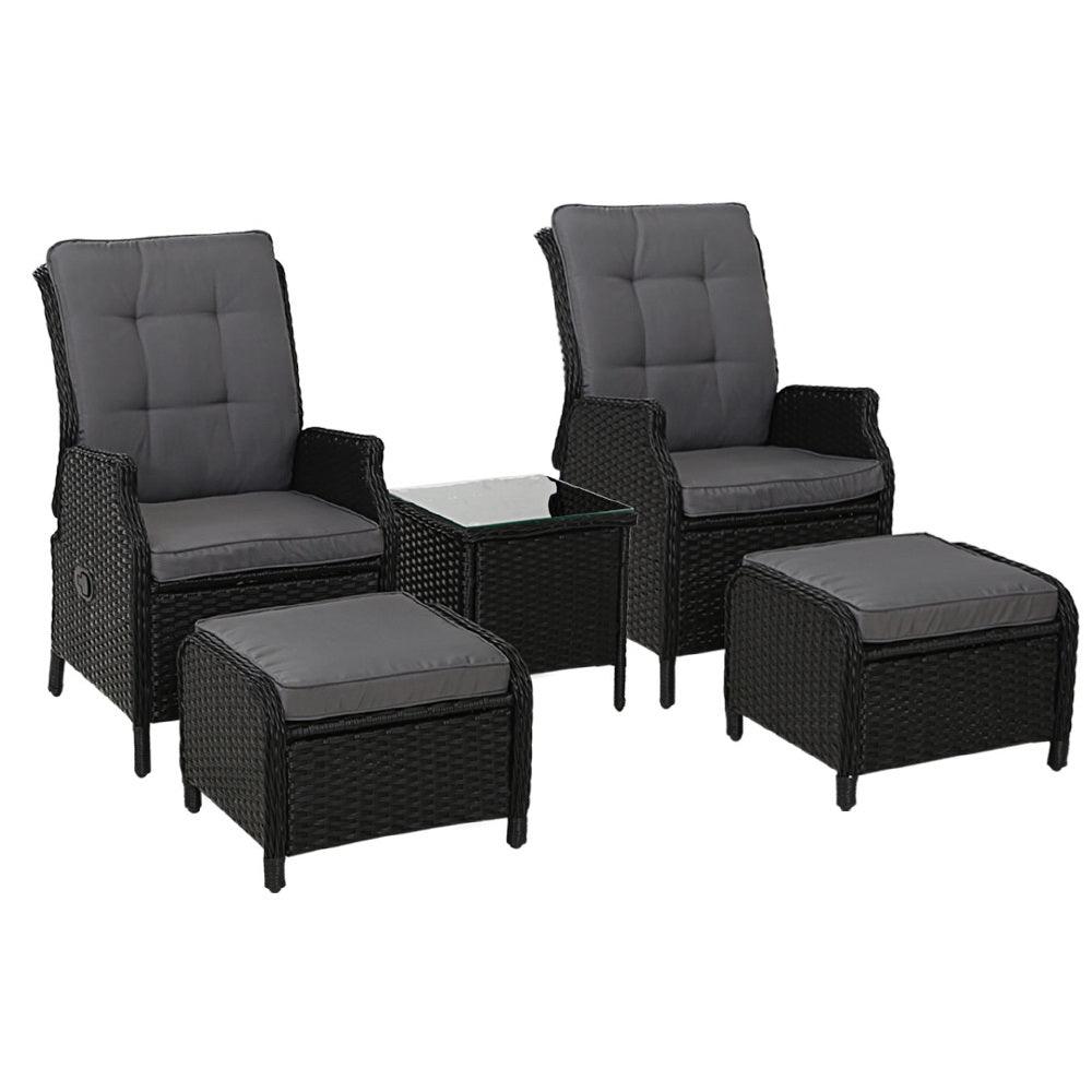 Gardeon 5PC Recliner Chairs Table Sun lounge Wicker Outdoor Furniture Adjustable Black - Ozstylz