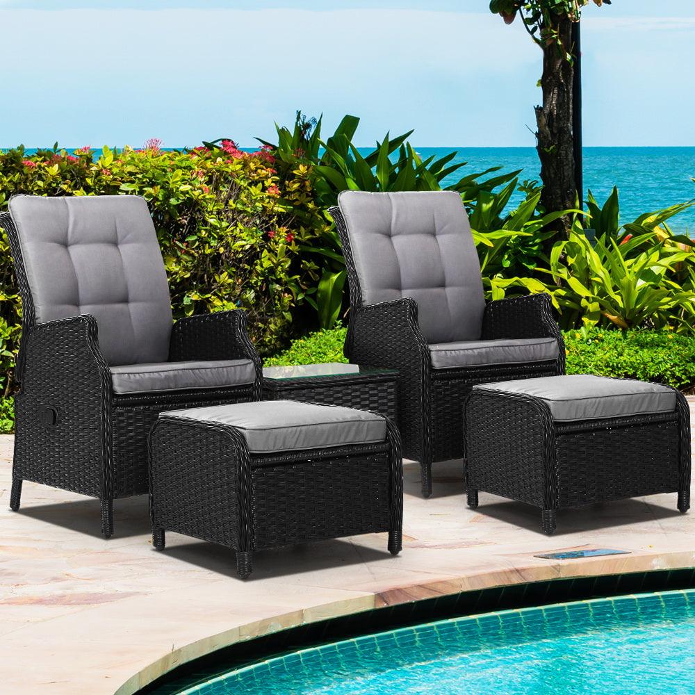 Gardeon 5PC Recliner Chairs Table Sun lounge Wicker Outdoor Furniture Adjustable Black - Ozstylz