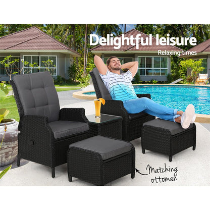 Gardeon 5PC Recliner Chairs Table Sun lounge Wicker Outdoor Furniture Adjustable Black - Ozstylz