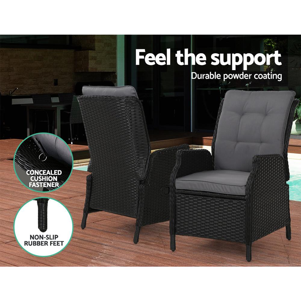 Gardeon 5PC Recliner Chairs Table Sun lounge Wicker Outdoor Furniture Adjustable Black - Ozstylz