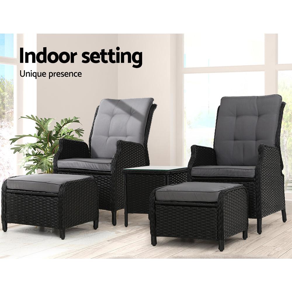 Gardeon 5PC Recliner Chairs Table Sun lounge Wicker Outdoor Furniture Adjustable Black - Ozstylz