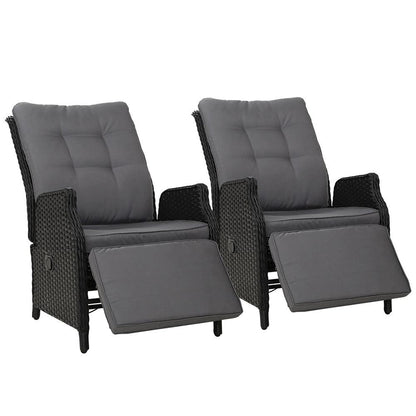 Gardeon 2PC Recliner Chairs Sun lounge Wicker Lounger Outdoor Furniture Adjustable Black - Ozstylz