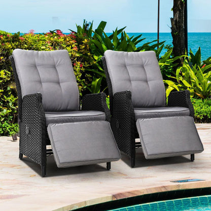 Gardeon 2PC Recliner Chairs Sun lounge Wicker Lounger Outdoor Furniture Adjustable Black - Ozstylz