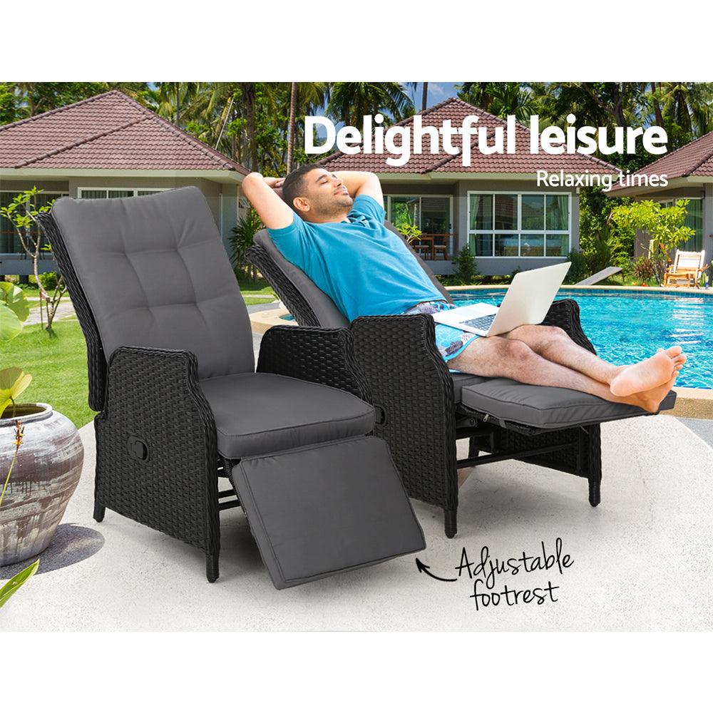 Gardeon 2PC Recliner Chairs Sun lounge Wicker Lounger Outdoor Furniture Adjustable Black - Ozstylz