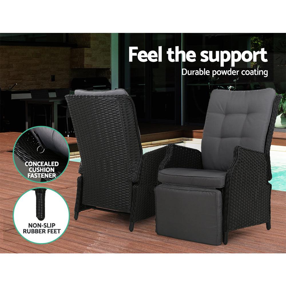 Gardeon 2PC Recliner Chairs Sun lounge Wicker Lounger Outdoor Furniture Adjustable Black - Ozstylz