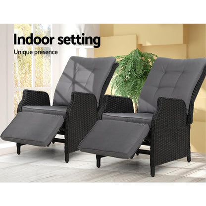 Gardeon 2PC Recliner Chairs Sun lounge Wicker Lounger Outdoor Furniture Adjustable Black - Ozstylz