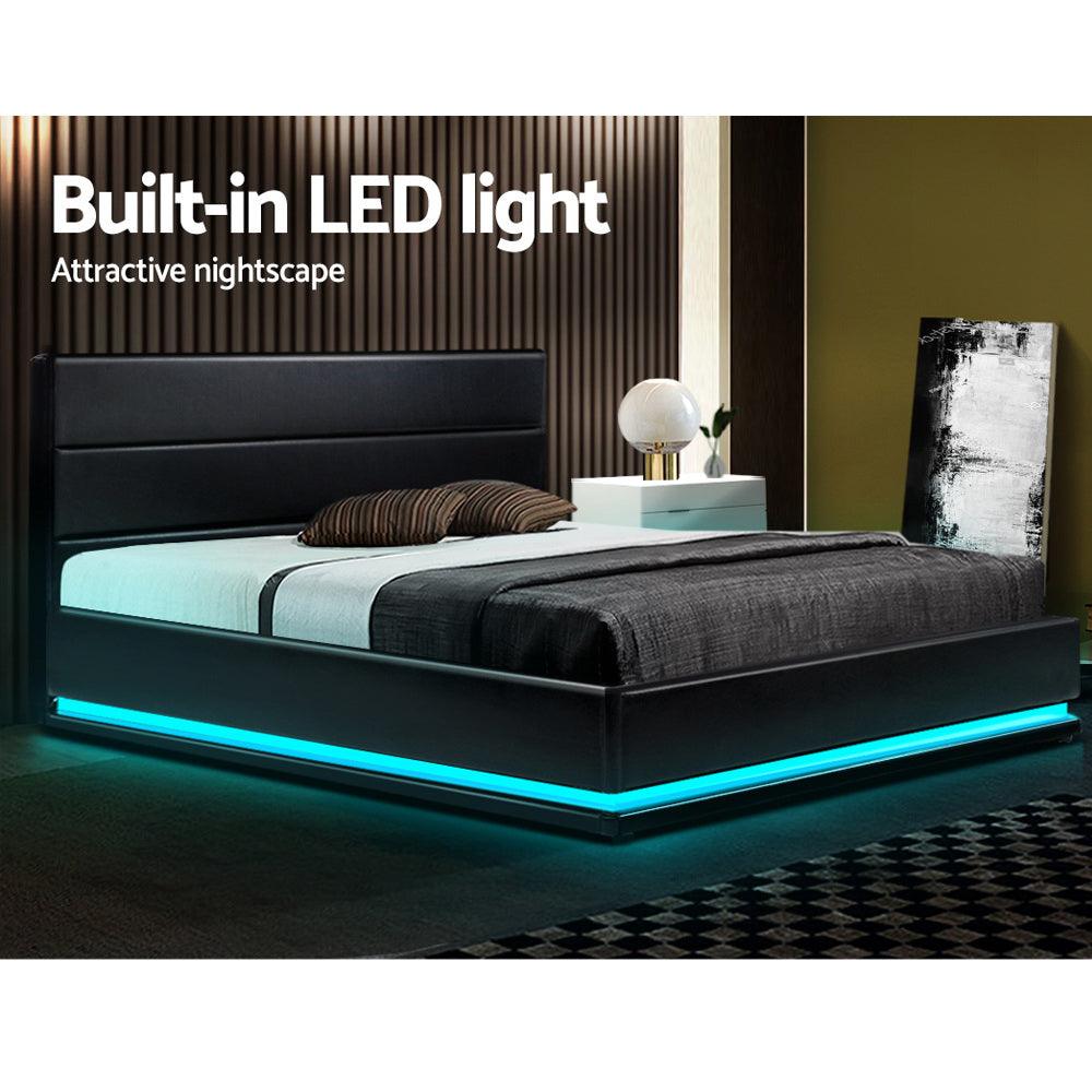 Artiss Bed Frame King Size LED Gas Lift Black LUMI - Ozstylz