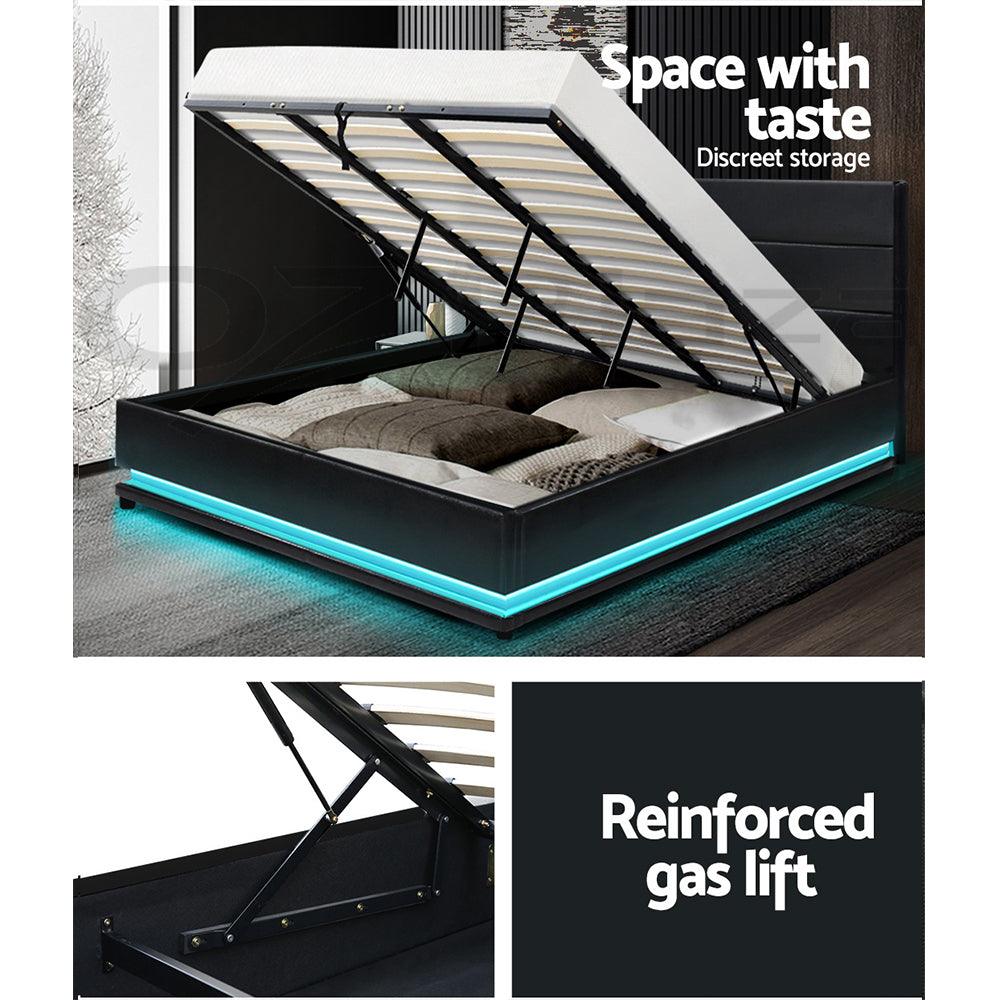 Artiss Bed Frame King Size LED Gas Lift Black LUMI - Ozstylz