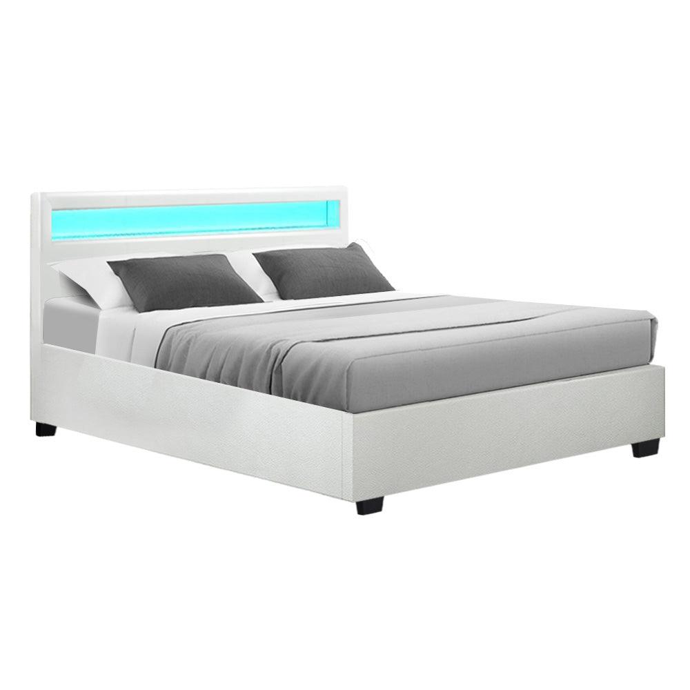 Artiss Bed Frame Queen Size LED Gas Lift White COLE - Ozstylz