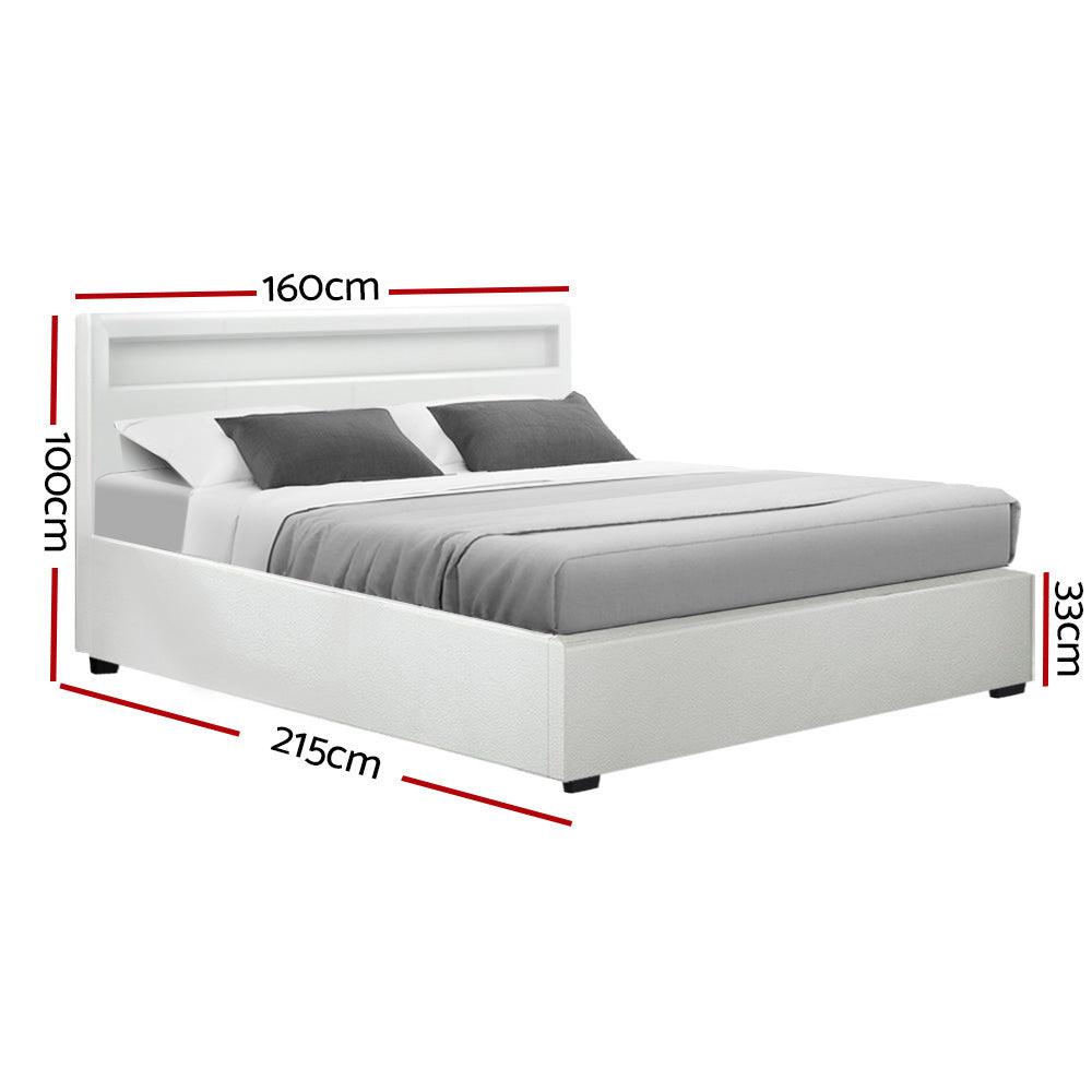 Artiss Bed Frame Queen Size LED Gas Lift White COLE - Ozstylz