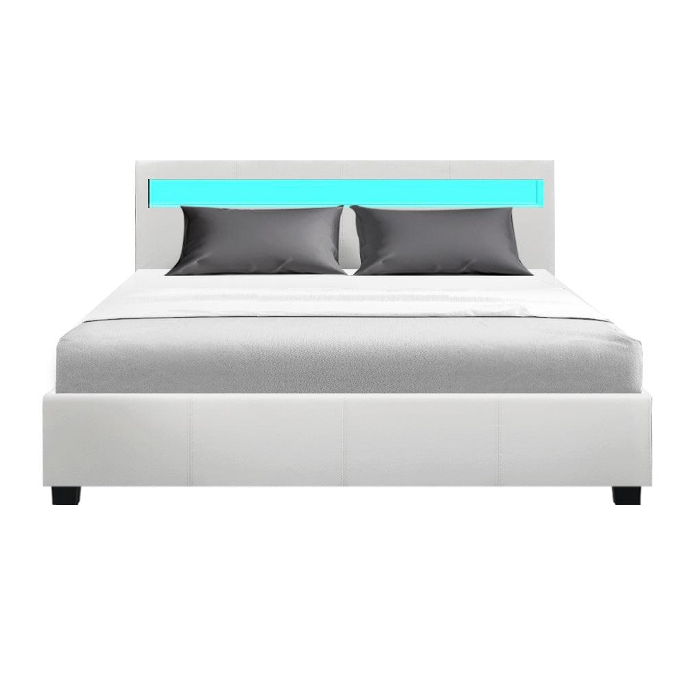 Artiss Bed Frame Queen Size LED Gas Lift White COLE - Ozstylz