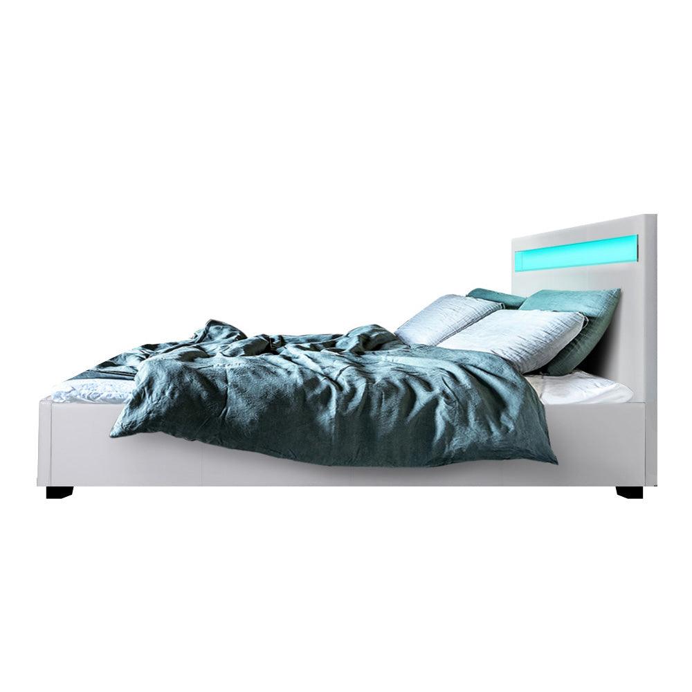 Artiss Bed Frame Queen Size LED Gas Lift White COLE - Ozstylz