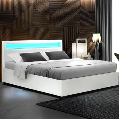 Artiss Bed Frame Queen Size LED Gas Lift White COLE - Ozstylz