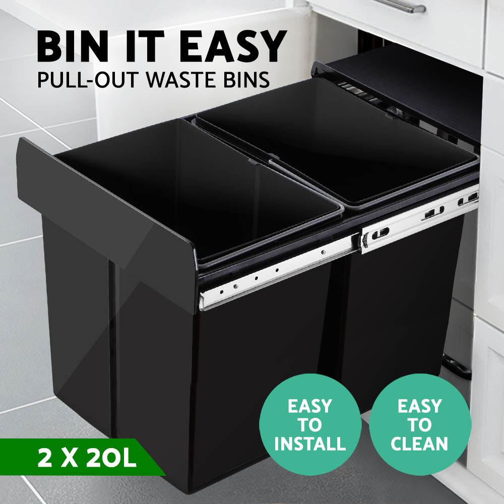 Cefito Pull Out Bin Kitchen Double Basket 2X20L Black - Ozstylz