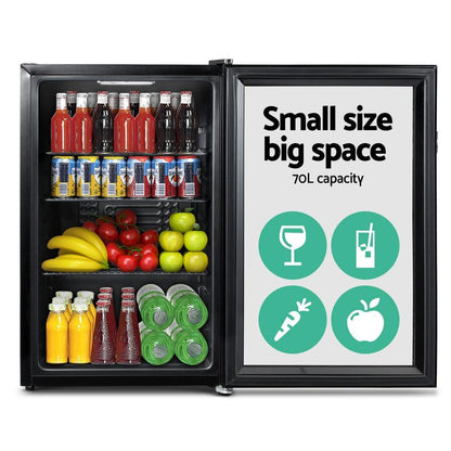 Devanti 70L Bar Fridge Glass Door w/Light Black - Ozstylz