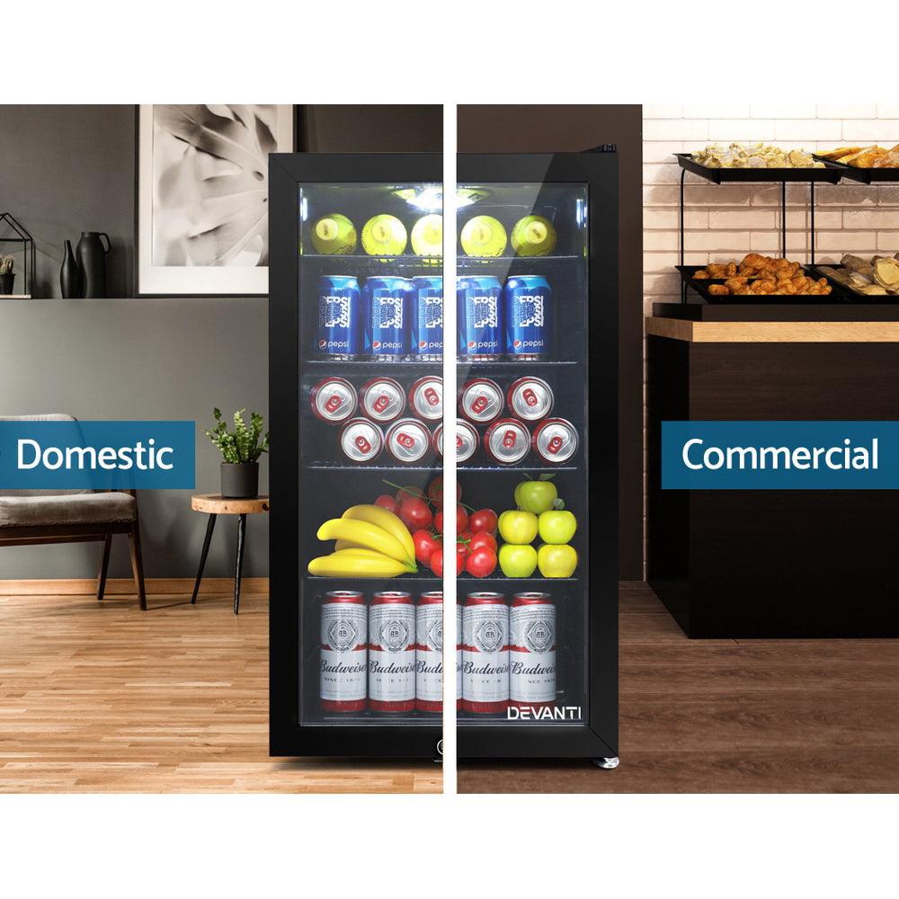 Devanti 98L Bar Fridge Glass Door w/Light Black - Ozstylz