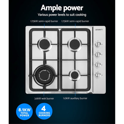 Devanti Gas Cooktop 60cm Stove Hob Silvir - Ozstylz