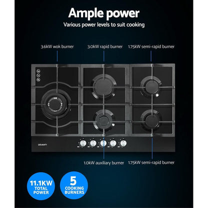 Devanti Gas Cooktop 90cm 5 Burner Black - Ozstylz