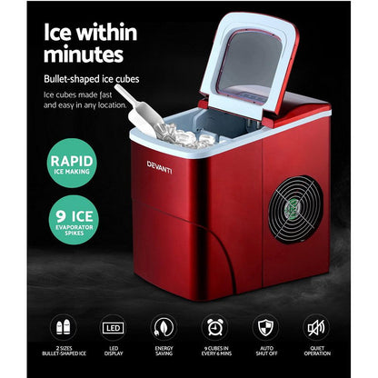 DEVANTi Portable Ice Cube Maker Machine 2L Home Bar Benchtop Easy Quick Red - Ozstylz