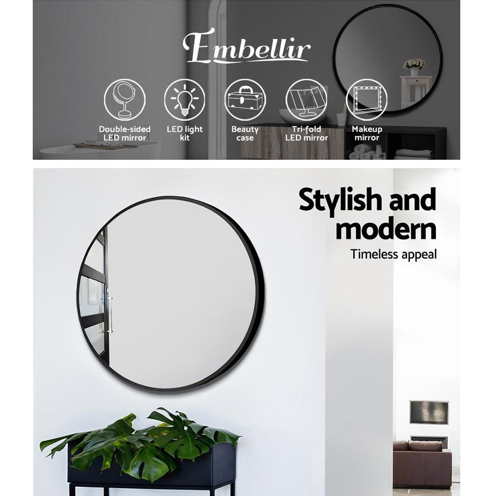 Embellir Wall Mirror Makeup 70cm Home Decor Framed Mirrors Bathroom Round Black - Ozstylz