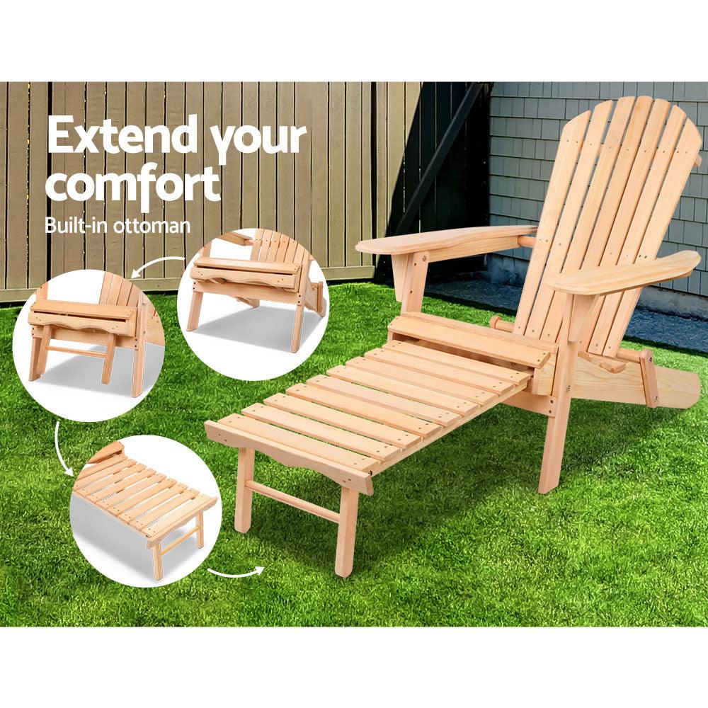 Gardeon 2PC Adirondack Outdoor Chairs Wooden Sun Lounge Patio Furniture Garden Natural - Ozstylz