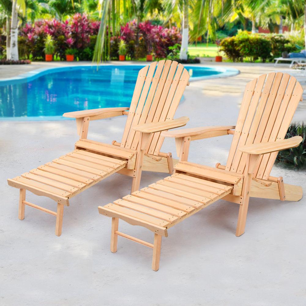 Gardeon 2PC Adirondack Outdoor Chairs Wooden Sun Lounge Patio Furniture Garden Natural - Ozstylz