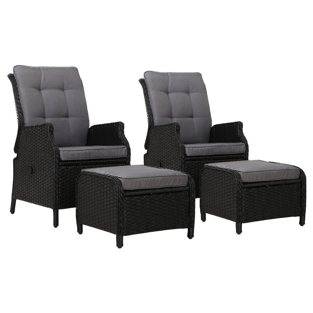 Gardeon 2PC Recliner Chair Sun lounge Wicker Lounger Outdoor Furniture Adjustable Black - Ozstylz