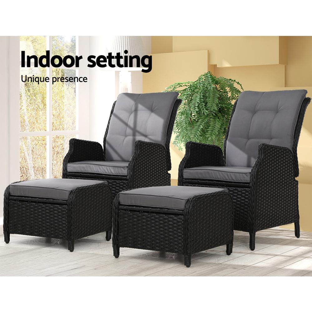 Gardeon 2PC Recliner Chair Sun lounge Wicker Lounger Outdoor Furniture Adjustable Black - Ozstylz