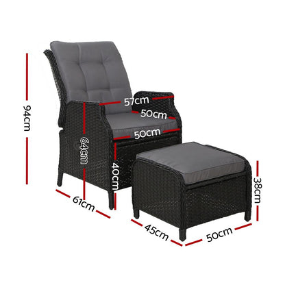 Gardeon 2PC Recliner Chair Sun lounge Wicker Lounger Outdoor Furniture Adjustable Black - Ozstylz