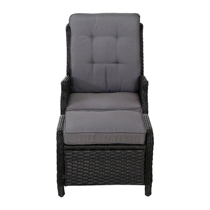 Gardeon 2PC Recliner Chair Sun lounge Wicker Lounger Outdoor Furniture Adjustable Black - Ozstylz