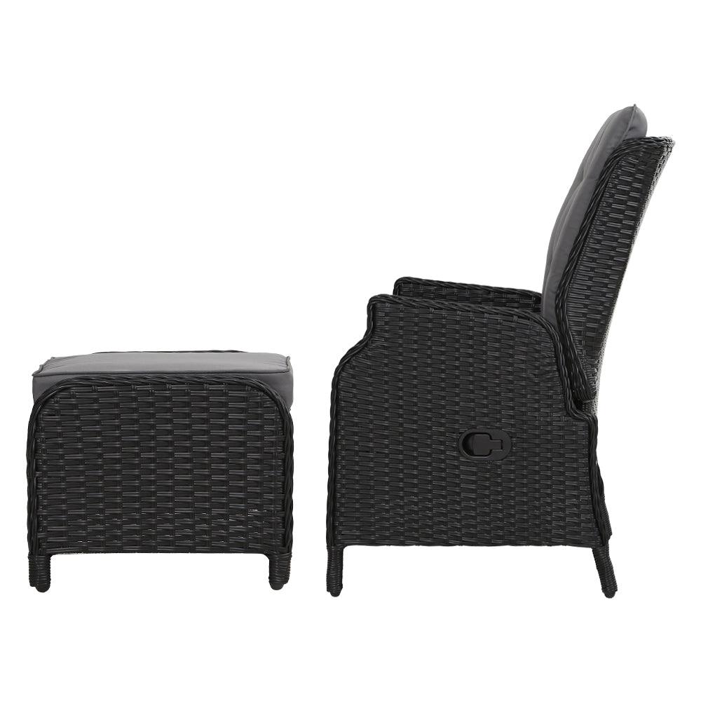 Gardeon 2PC Recliner Chair Sun lounge Wicker Lounger Outdoor Furniture Adjustable Black - Ozstylz