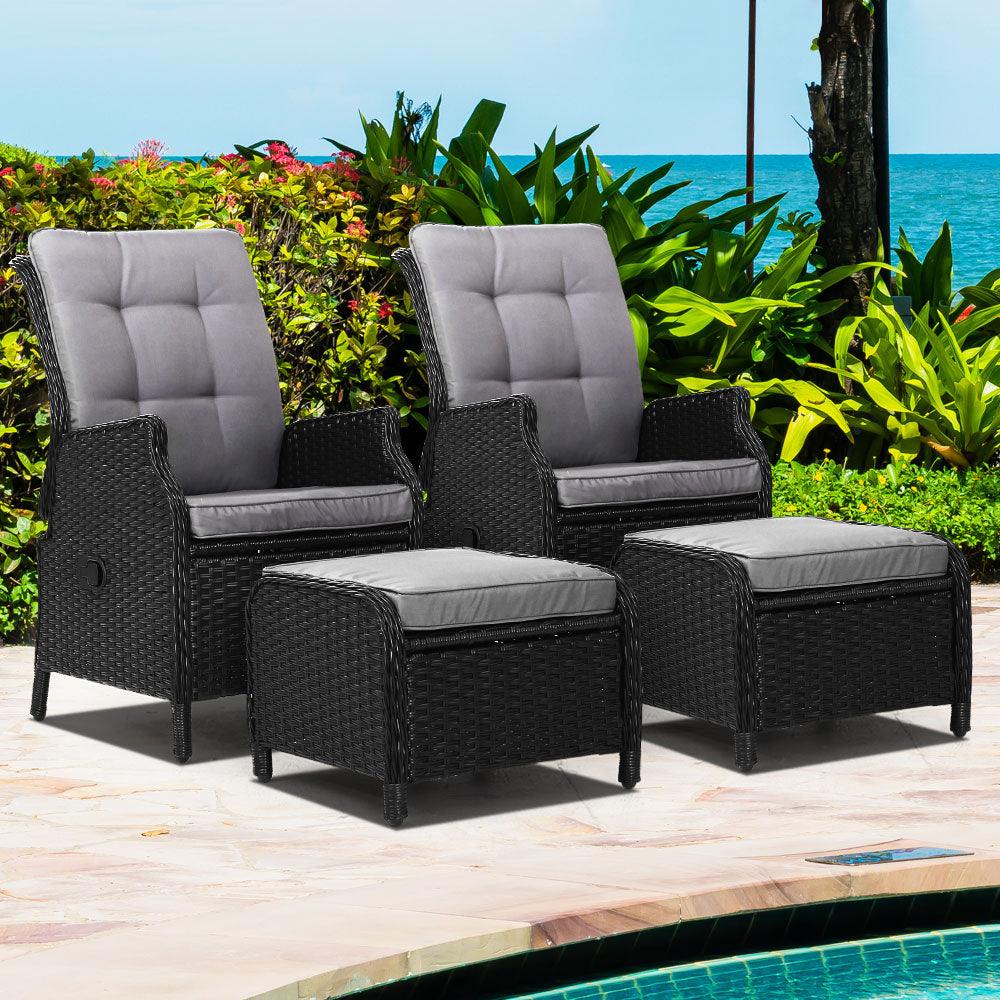 Gardeon 2PC Recliner Chair Sun lounge Wicker Lounger Outdoor Furniture Adjustable Black - Ozstylz