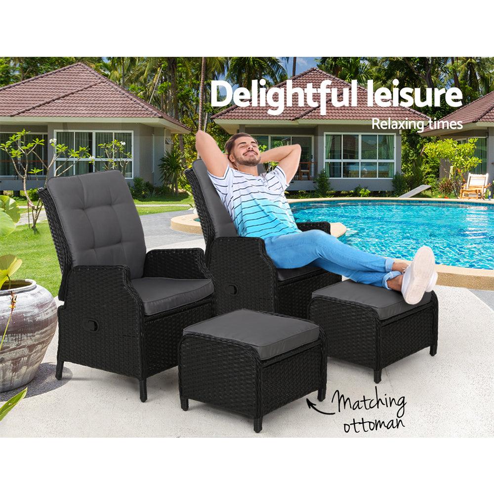 Gardeon 2PC Recliner Chair Sun lounge Wicker Lounger Outdoor Furniture Adjustable Black - Ozstylz