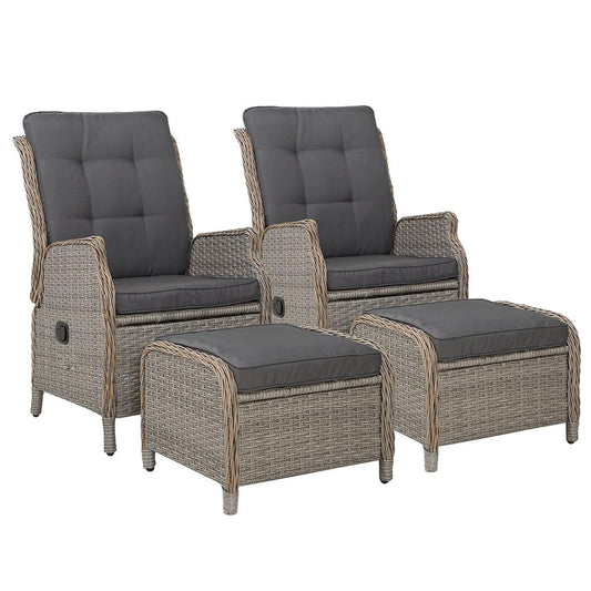 Gardeon 2PC Recliner Chair Sun lounge Wicker Lounger Outdoor Furniture Adjustable Grey - Ozstylz