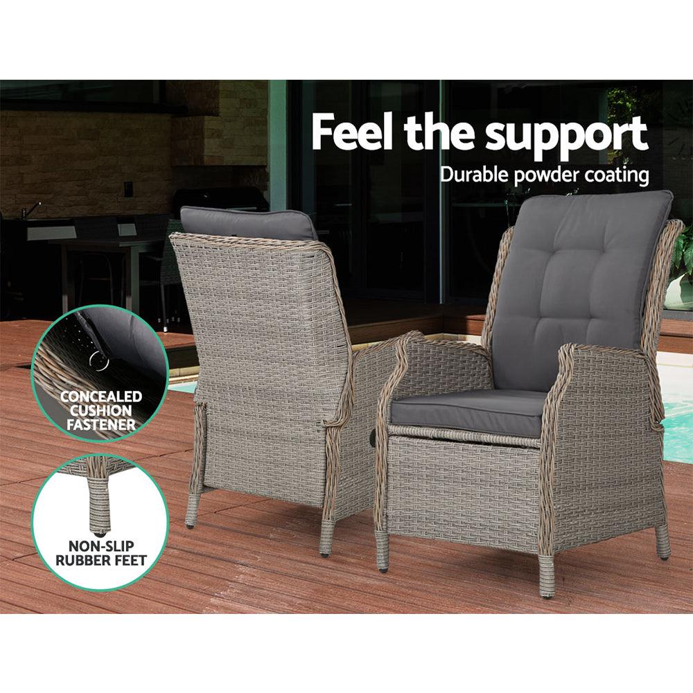 Gardeon 2PC Recliner Chair Sun lounge Wicker Lounger Outdoor Furniture Adjustable Grey - Ozstylz