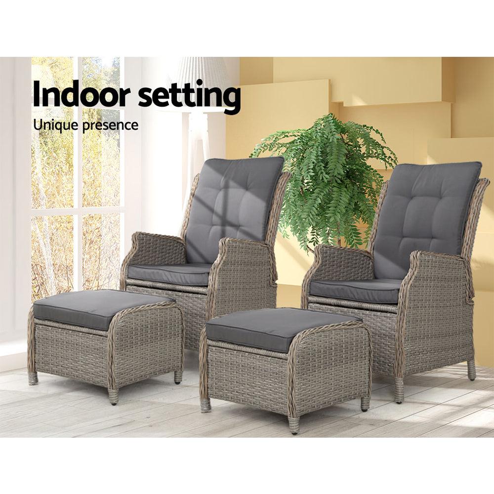 Gardeon 2PC Recliner Chair Sun lounge Wicker Lounger Outdoor Furniture Adjustable Grey - Ozstylz