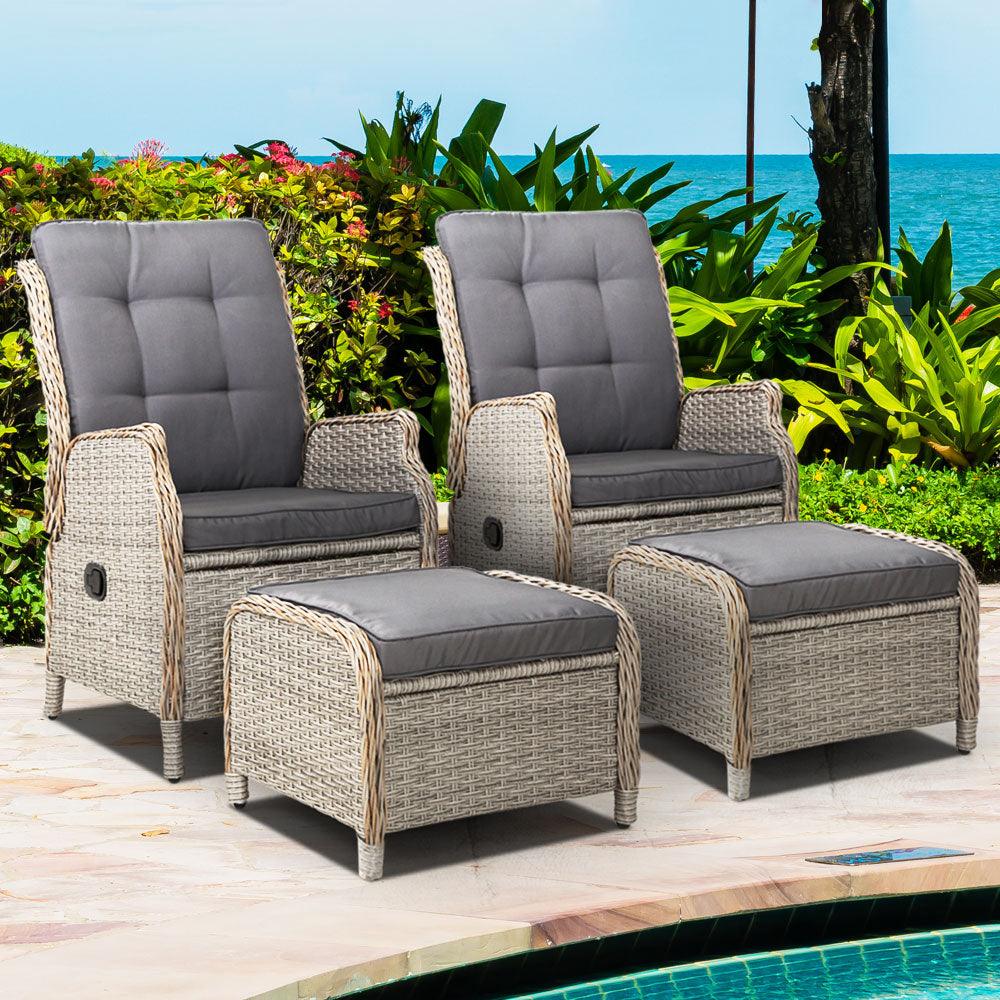 Gardeon 2PC Recliner Chair Sun lounge Wicker Lounger Outdoor Furniture Adjustable Grey - Ozstylz