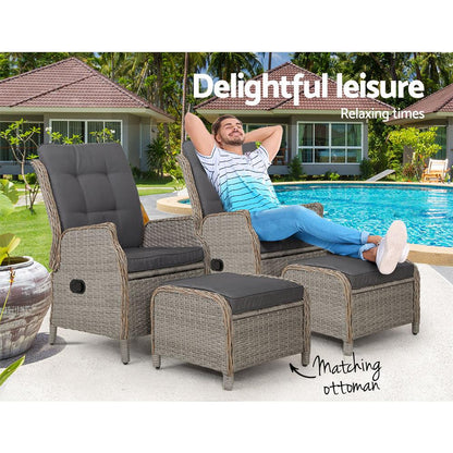 Gardeon 2PC Recliner Chair Sun lounge Wicker Lounger Outdoor Furniture Adjustable Grey - Ozstylz