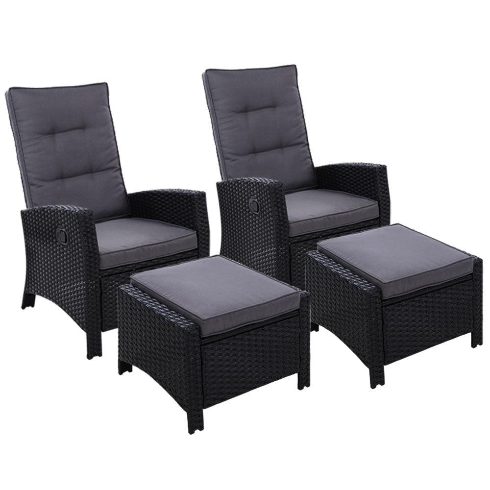 Gardeon 2PC Recliner Chairs Sun lounge Wicker Lounger Outdoor Furniture Adjustable Black - Ozstylz