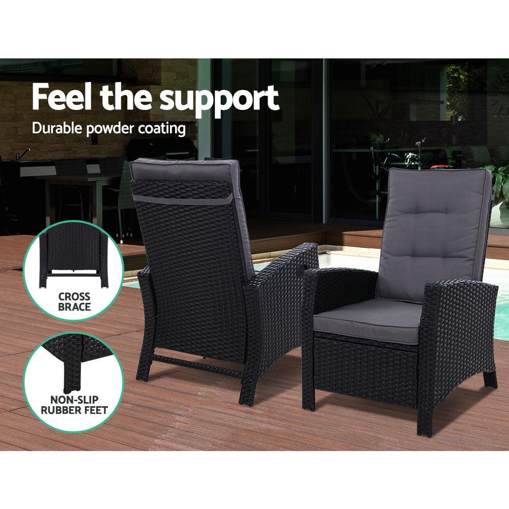 Gardeon 2PC Recliner Chairs Sun lounge Wicker Lounger Outdoor Furniture Adjustable Black - Ozstylz