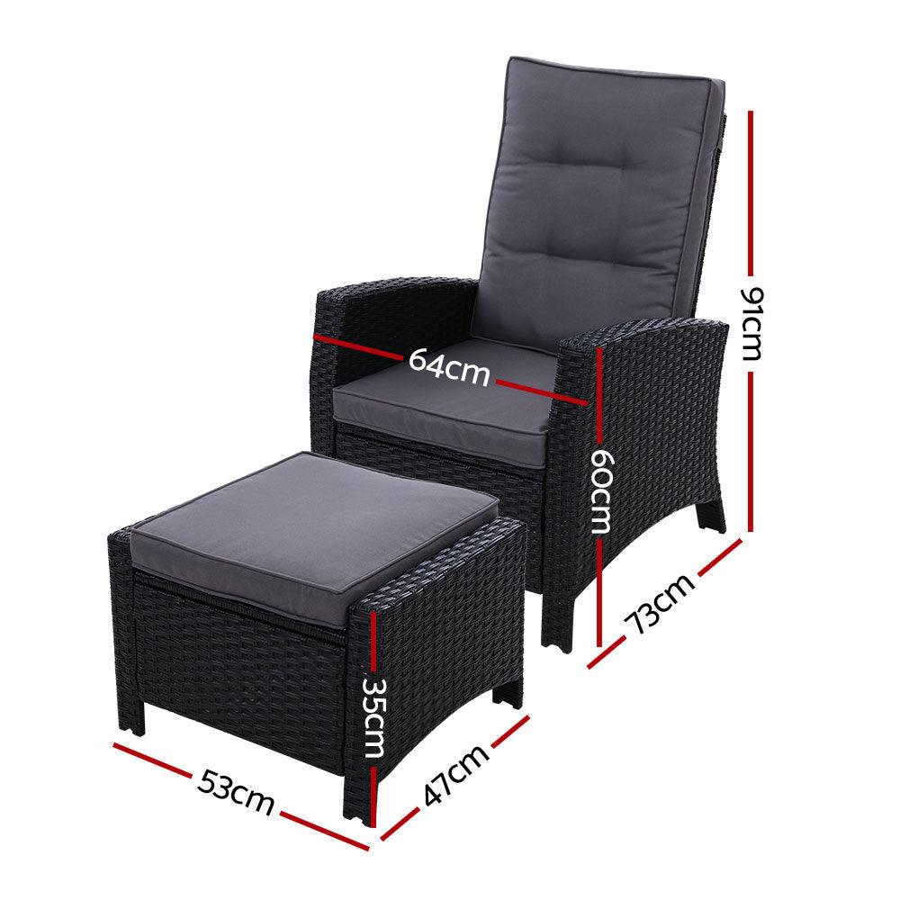 Gardeon 2PC Recliner Chairs Sun lounge Wicker Lounger Outdoor Furniture Adjustable Black - Ozstylz