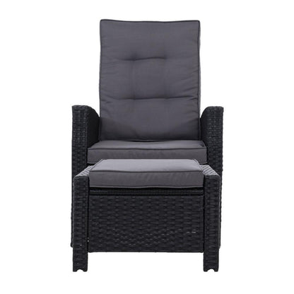 Gardeon 2PC Recliner Chairs Sun lounge Wicker Lounger Outdoor Furniture Adjustable Black - Ozstylz