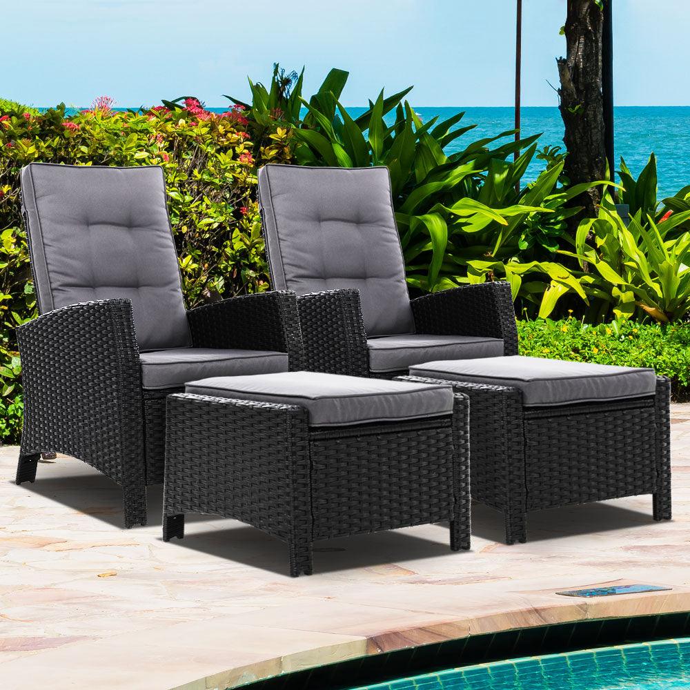 Gardeon 2PC Recliner Chairs Sun lounge Wicker Lounger Outdoor Furniture Adjustable Black - Ozstylz