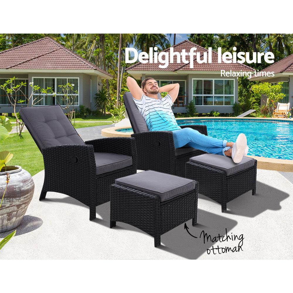 Gardeon 2PC Recliner Chairs Sun lounge Wicker Lounger Outdoor Furniture Adjustable Black - Ozstylz