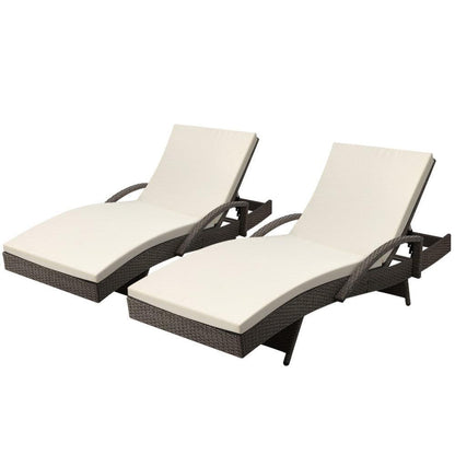 Gardeon 2PC Sun Lounge Wicker Lounger Outdoor Furniture Beach Chair Adjustable Cushion Grey&Beige - Ozstylz