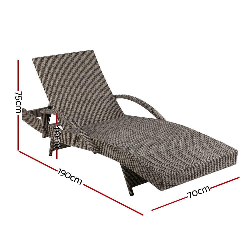 Gardeon 2PC Sun Lounge Wicker Lounger Outdoor Furniture Beach Chair Adjustable Cushion Grey&Beige - Ozstylz