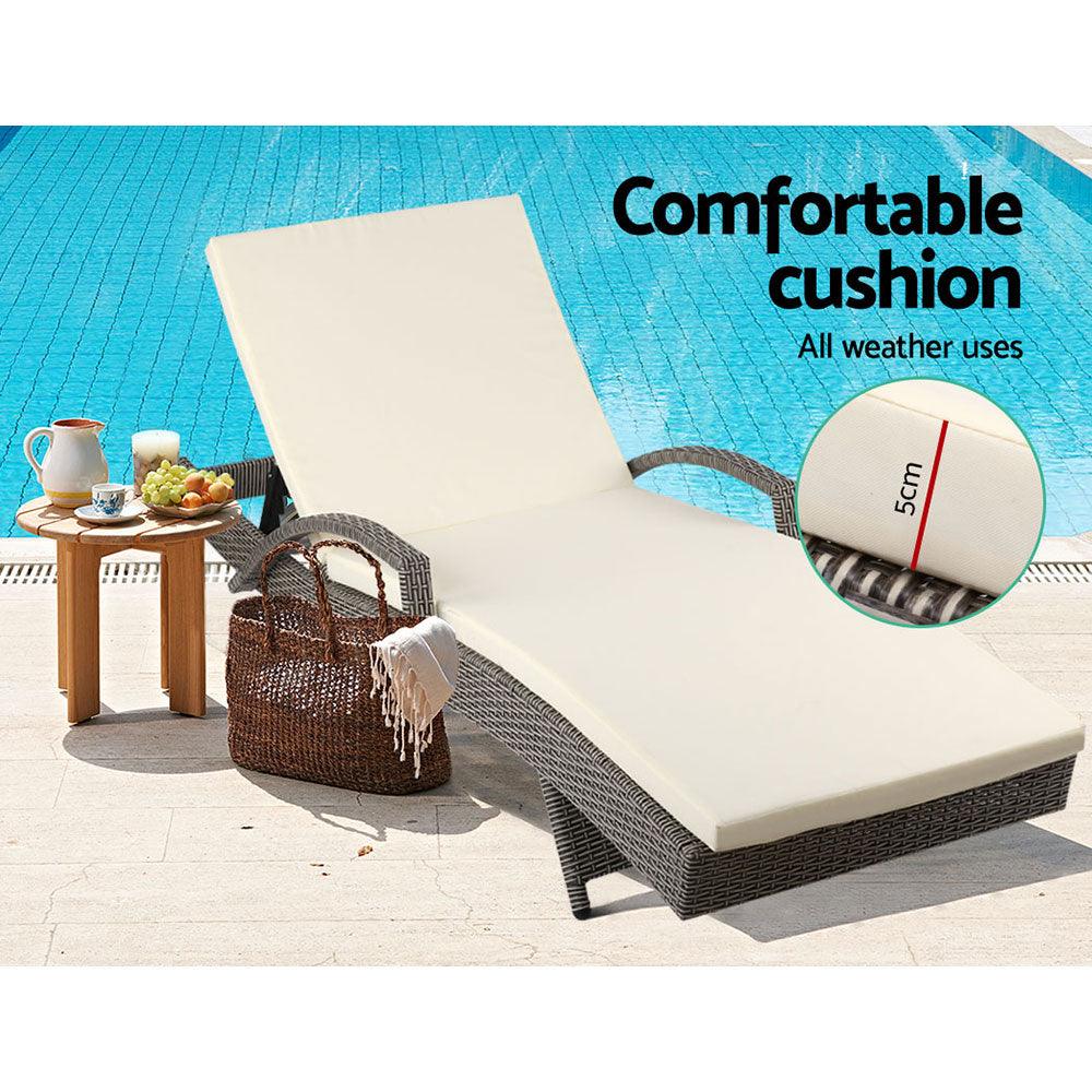 Gardeon 2PC Sun Lounge Wicker Lounger Outdoor Furniture Beach Chair Adjustable Cushion Grey&Beige - Ozstylz